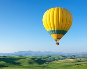 Naklejka premium A single hot air balloon floating over a quiet countryside, clear blue sky and rolling hills below, Bright light, peaceful, rural charm