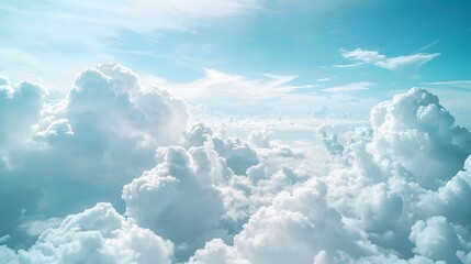 Naklejka premium Sky with Clouds: A tranquil sky background with fluffy white clouds, creating an airy and light atmosphere for outdoor products. 