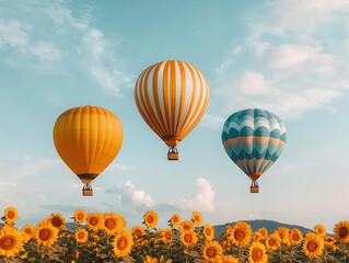 Obraz premium A group of hot air balloons floating above a tropical island, clear turquoise waters below, Bright sunlight, clear sky, vibrant colors