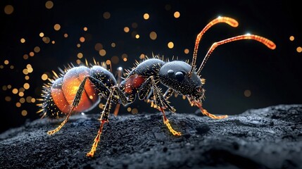 Close-up of a vibrant ant showcasing intricate details and glowing elements. Ideal for nature and insect photography enthusiasts.