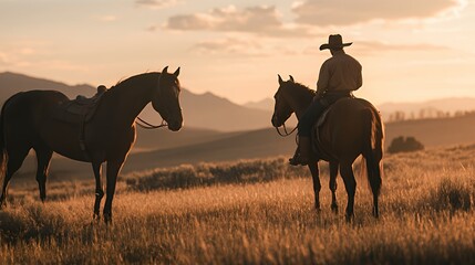 A lone cowboy rides his horse through a golden field at sunset, his silhouette standing out against the warm light.