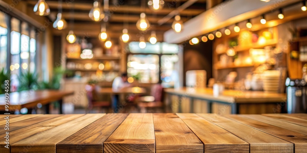 Poster empty wooden table in a blurred cafe setting, perfect for product display
