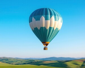 Obraz premium A lone hot air balloon soaring over a wide expanse of rolling green hills under a clear blue sky, Peaceful, bright light, serene