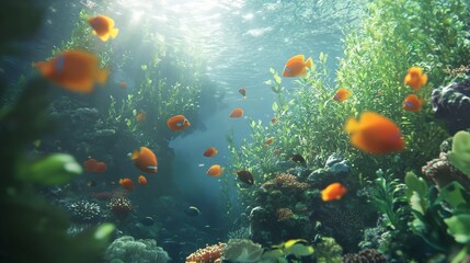 Naklejka premium Develop an animation of a serene underwater world, where colorful fish swim gracefully, coral reefs sway gently,