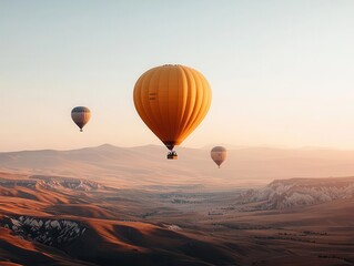 Fototapeta premium Hot air balloons drifting over a canyon at dawn, the sky transitioning from dark to light, Warm tones, dramatic landscape, peaceful