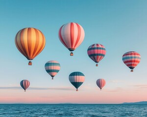 Obraz premium A cluster of hot air balloons drifting over a calm sea, clear sky, the horizon stretching endlessly, Serene, soft light, pastel colors