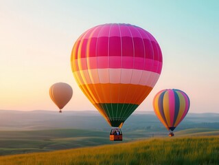Fototapeta premium Hot air balloons drifting over a green meadow at sunrise, the sky painted with soft pastel colors, Peaceful, warm light, serene