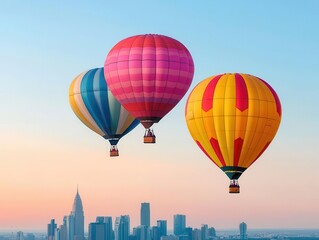 Fototapeta premium Colorful hot air balloons rising over a cityscape at dawn, with the skyline silhouetted against the clear sky, Urban landscape, soft light, vibrant colors