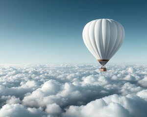 Fototapeta premium A single hot air balloon floating high above the clouds, with a bright blue sky and the earth far below, Dreamlike, soft sunlight, ethereal