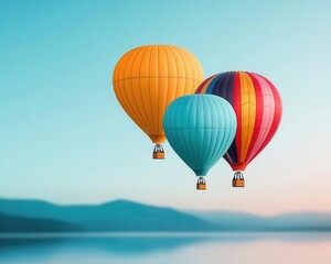 Obraz premium Hot air balloons drifting over a tranquil lake, with the clear sky reflected in the still water below, Serene, soft light, peaceful atmosphere