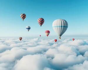 Naklejka premium A group of hot air balloons floating high above the clouds, with the clear blue sky stretching endlessly, Dreamlike, bright light, ethereal