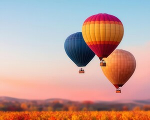 Fototapeta premium Vibrant hot air balloons floating above a vineyard at sunrise, the sky glowing in soft shades of orange and pink, Warm tones, serene, natural beauty