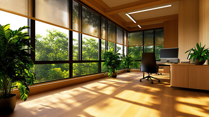 Fototapeta premium A modern office interior showcasing large windows, natural light, and greenery for a refreshing and productive workspace.