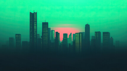 Obraz premium A stunning skyline silhouette at sunset, showcasing modern architecture against a vibrant green sky.