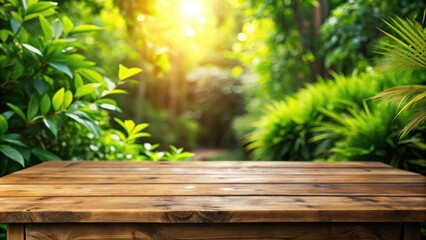 Wooden table in serene garden setting with lush green foliage in the background