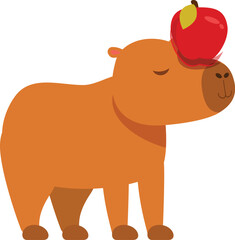 Cute cartoon capybara balancing a red apple on its head