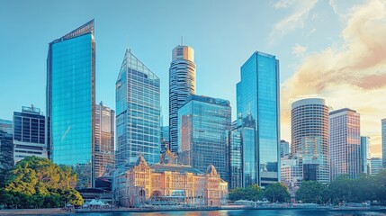 Obraz premium Explore the fusion of modern and classical architecture in a city skyline where glass skyscrapers rise alongside historic buildings,