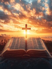 Bright sunlight, bible and holy jesus christ cross silhouette