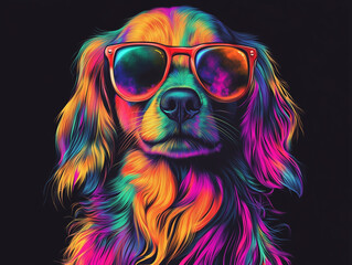 Naklejka premium Colorful Synthwave style cute dog with sunglasses, dark black background, Portrait, digital illustration ai art style. synthwave dog. Illustrations 
