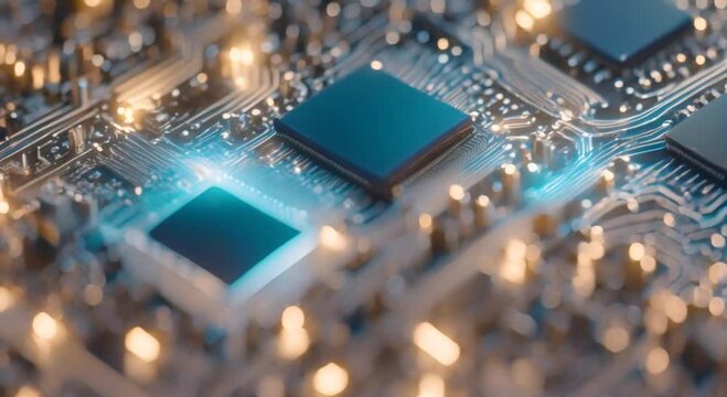 Close up of abstract silicon chip Computer microchip and electronic components with lights blinking while processing data Server or datacenter hardware Technology background 3D rendering loop 4k anima