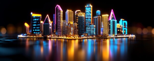 Obraz premium A futuristic neon cityscape at night, where all the buildings and streets are lit up in bright, glowing colors, giving a sense of energy and excitement,