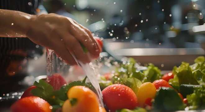 Closeup of Hand in Gloves Washing Green and Blue Objects in a Sink with Water Spray