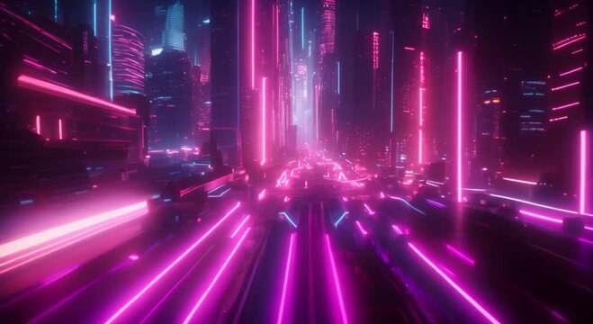 Neon Cyber City Race loop Flyby inside a huge abstract dark city in the night with neon lighting and lens flares Perfect for VJs loops Backgrounds Projections Nightclubs LED 3D render loop 4k animatio