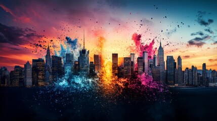 Fototapeta premium An image of a city skyline at sunset, with the sky ablaze in shades of orange, pink, and purple, reflecting off the buildings to create a vibrant and captivating scene,