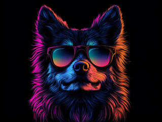 Colorful Synthwave style cute dog with sunglasses, dark black background, Portrait, digital illustration ai art style. synthwave dog. Illustrations
