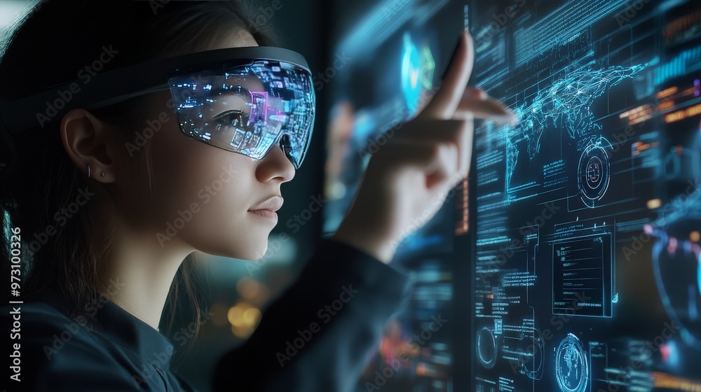 Poster digital workspace with an array of interactive gadgets, including augmented reality glasses, smart p