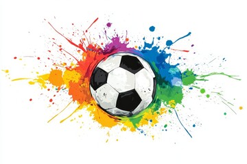 Colorful soccer ball with paint splashes on white background, vibrant sports illustration