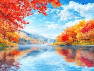 A serene Thanksgiving landscape featuring a forest with vibrant red and orange leaves
