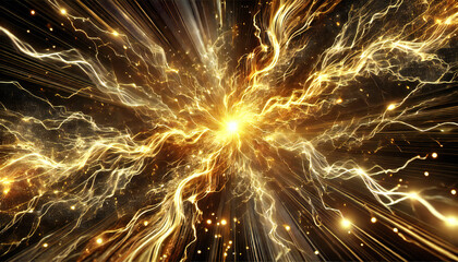 中央から放射する黄金の稲妻. Golden Lightning Radiating from the Center. AI generated.