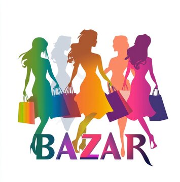 Colorful silhouette of fashionable women shopping with the text 'BAZAR'