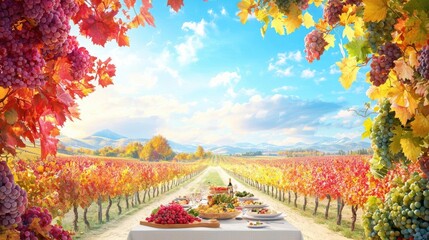 Obraz premium A Thanksgiving gathering in a vineyard, with a long table set up between rows of grapevines, showcasing a farmtotable feast surrounded by the changing colors of the season
