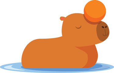 Cute cartoon capybara relaxing in the water with an orange balanced on its head