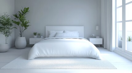 A serene bedroom featuring a white bed, minimalistic decor, and natural light streaming through large windows.