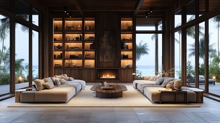 Elegant living room with modern furniture, large windows, and a cozy atmosphere overlooking a serene outdoor view.
