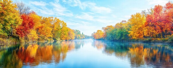 Autumnal landscape with a riverbank lined with colorful fall trees