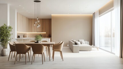 Modern and stylish living room and dining area with natural light, minimalist design, and elegant furniture, perfect for contemporary homes.