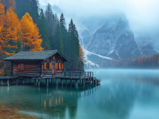 Fototapeta premium A cabin is on a dock by a lake