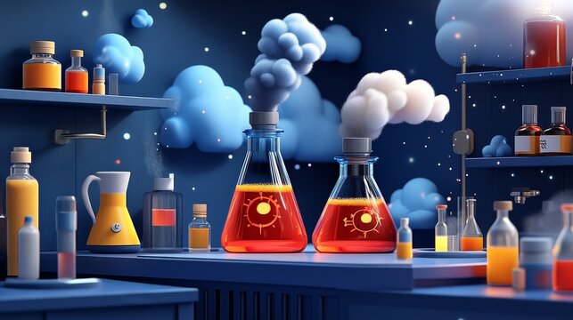 Colorful laboratory setting with bubbling flasks, potion bottles, and clouds, ideal for science fiction and experimentation themes.