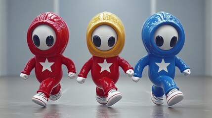 Colorful toy figures in vibrant outfits walking together, showcasing playful design and charm for children's illustrations.