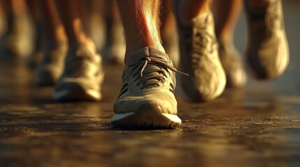 Dynamic close-up of running shoes on a pavement, showcasing athletic movement and energy under sunlight on a vibrant day.