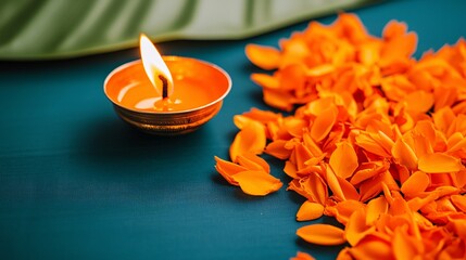 Festive Indian event with traditional religious ceremony warm glow of lamps vibrant spiritual colors