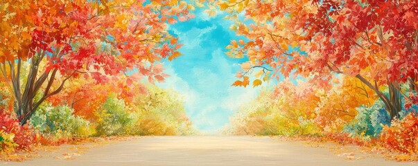 Naklejka premium Thanksgiving landscape with a peaceful forest pathway lined with colorful autumn leaves The warm hues of the foliage and the quiet setting evoke a sense of reflection and gratitude
