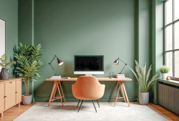 study at home in beige and light green, minimalism