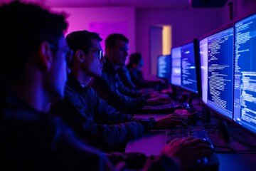 Obraz premium A cybersecurity team monitoring an advanced threat detection system, with real-time data and alerts highlighting potential cyber threats