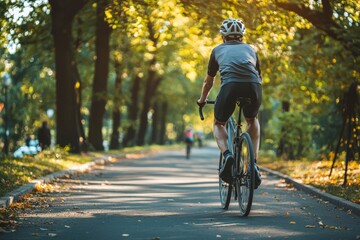 A cyclist wearing a helmet, riding safely on a designated bike path, promoting accident prevention