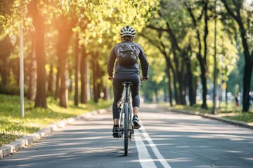 A cyclist wearing a helmet, riding safely on a designated bike path, promoting accident prevention